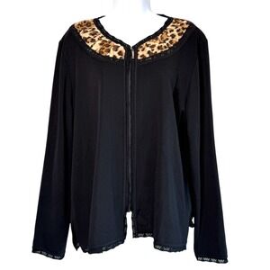 Exclusively Misook Leopard‎ Lace Detail Zip Up Cardigan Size XL Sophisticated